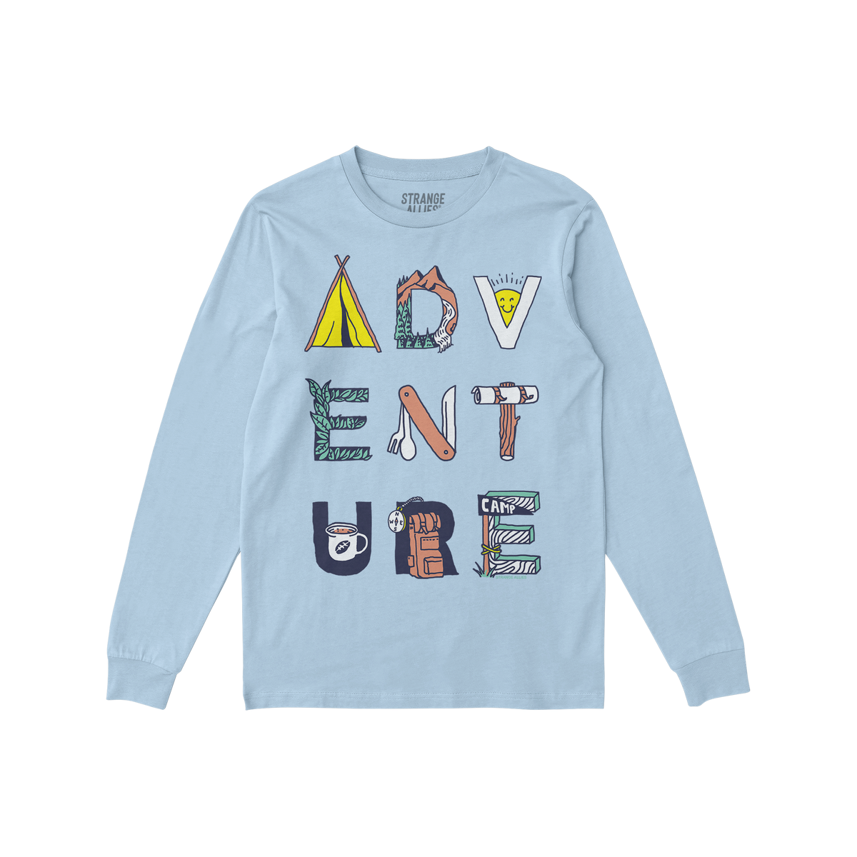 Adventure Life T-shirt featuring ADVENTURE in illustrated letters, each with camping motifs like tents, mountains, and backpa