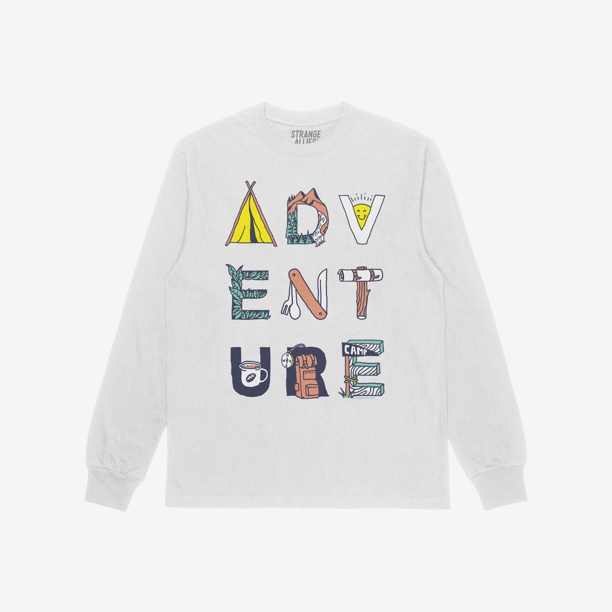 Adventure Life T-shirt featuring a whimsical graphic with camping motifs spelling “ADVENTURE,” embodying a love for exploration and non-conformity, reflecting the store's commitment to equality and inclusivity.