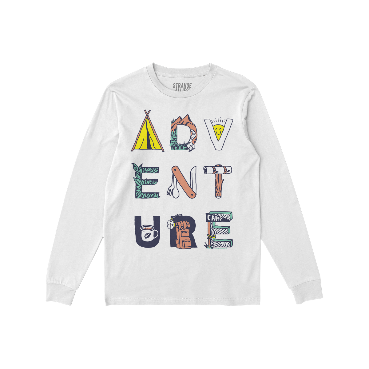 Adventure Life T-shirt featuring a whimsical graphic with camping motifs spelling “ADVENTURE,” embodying a love for explo