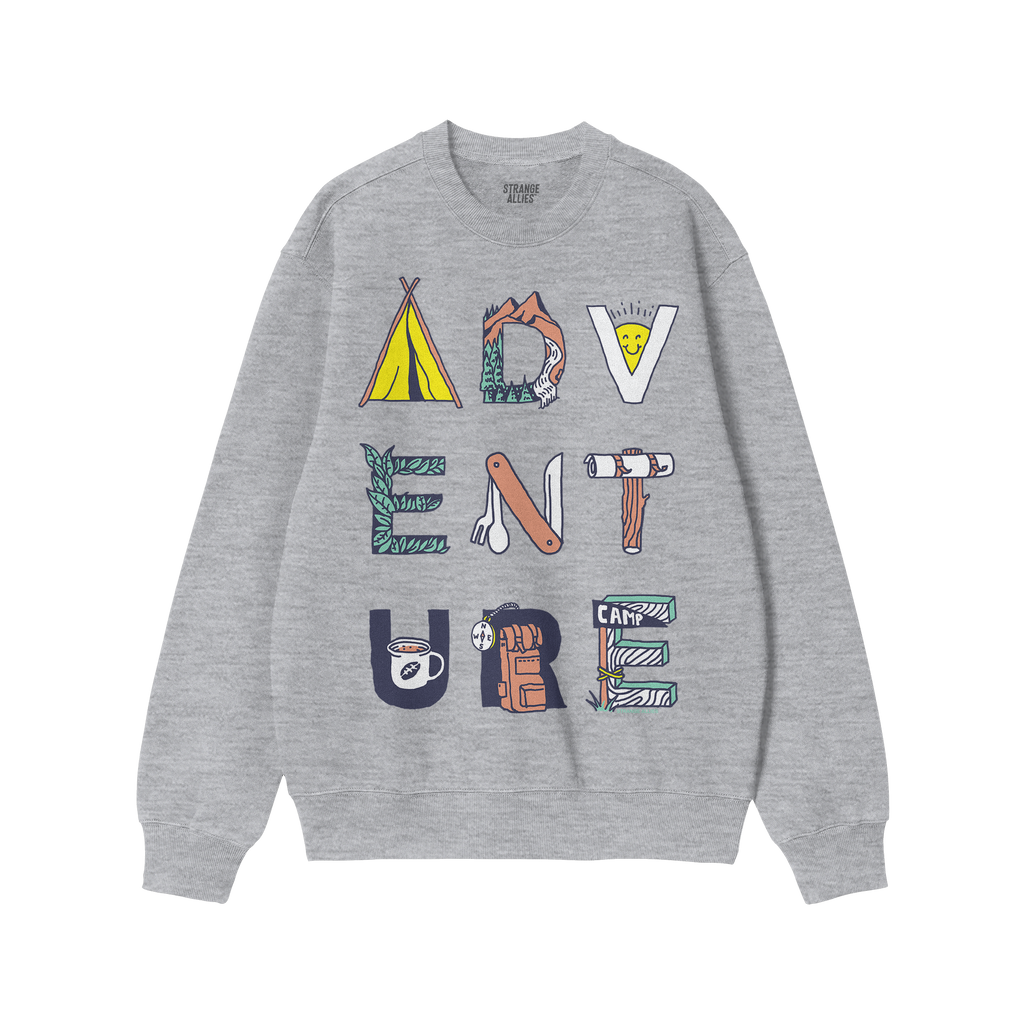 Adventure Life Sweatshirt: Heather-gray, long-sleeve crewneck featuring ADVENTURE with each letter creatively illustrated usi