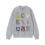 Adventure Life Sweatshirt: Heather-gray, long-sleeve crewneck featuring ADVENTURE with each letter creatively illustrated usi
