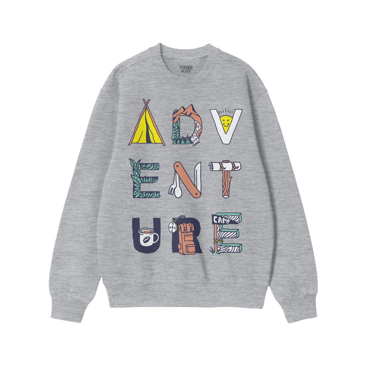 Adventure Life Sweatshirt: Heather-gray, long-sleeve crewneck featuring ADVENTURE with each letter creatively illustrated usi