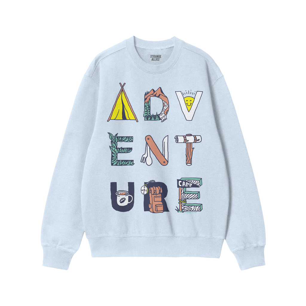 The Adventure Life Sweatshirt features a light-blue crewneck with ADVENTURE illustrated in camping motifs like tents and moun
