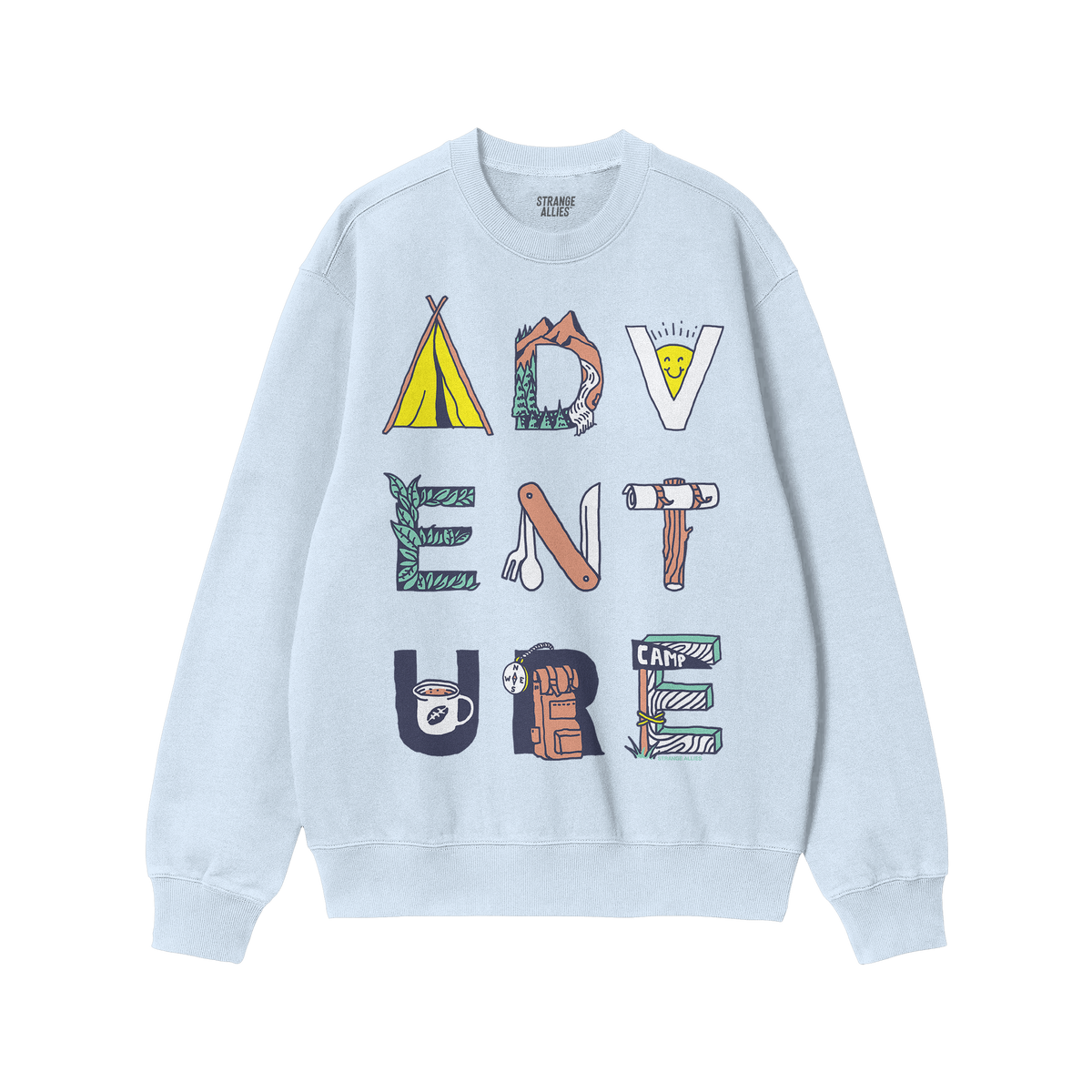 The Adventure Life Sweatshirt features a light-blue crewneck with ADVENTURE illustrated in camping motifs like tents and moun