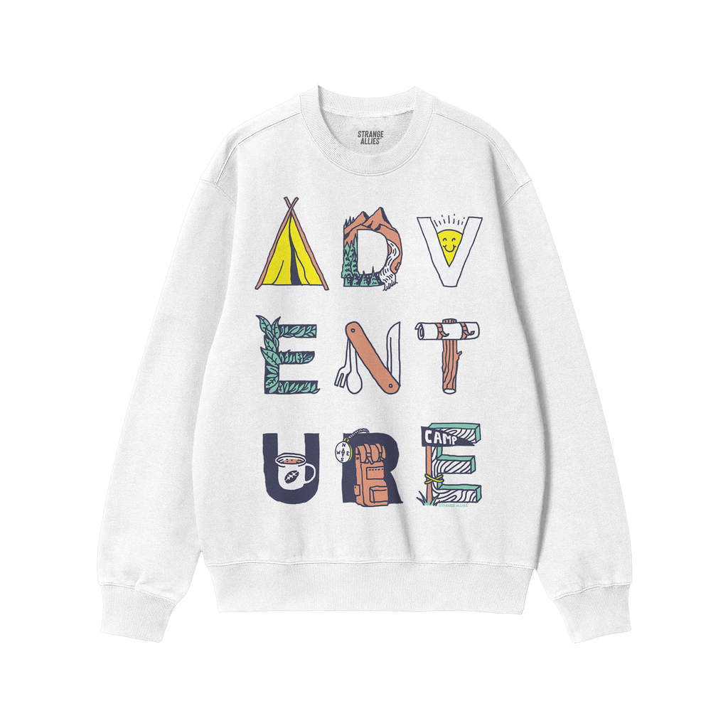 Adventure Life Sweatshirt featuring the word “ADVENTURE” illustrated with camping motifs like a tent, mountain, and compa