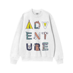 Adventure Life Sweatshirt featuring the word “ADVENTURE” illustrated with camping motifs like a tent, mountain, and compa