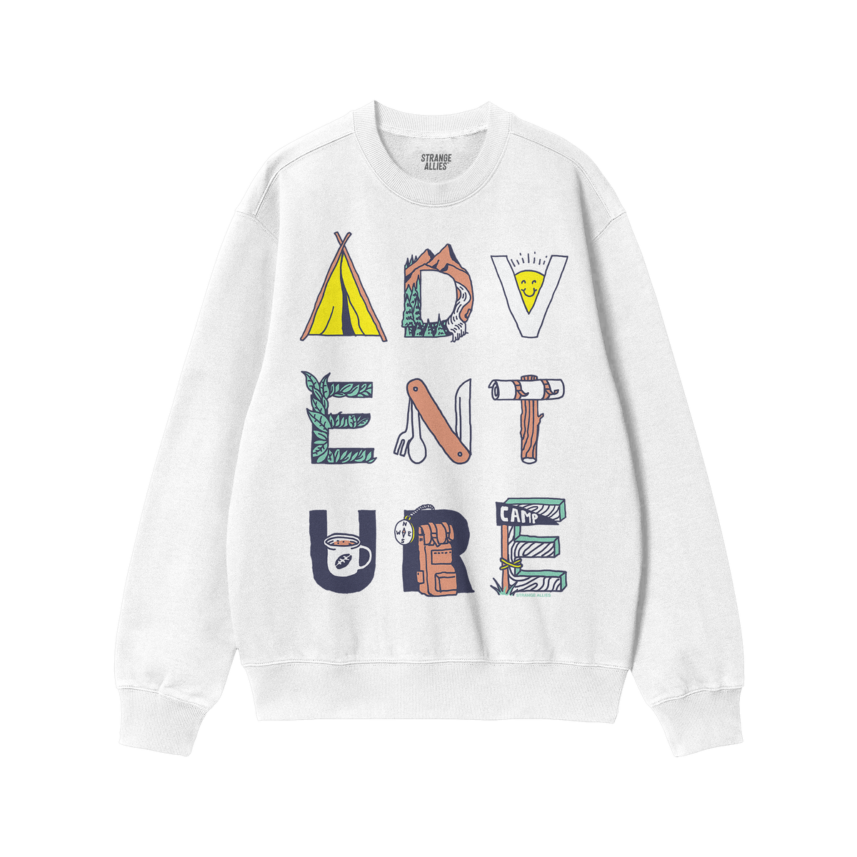 Adventure Life Sweatshirt featuring the word “ADVENTURE” illustrated with camping motifs like a tent, mountain, and compa