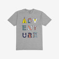 Adventure Life T-shirt featuring the word ADVENTURE creatively illustrated with camping motifs like a tent, mountain scene, and sun, perfectly capturing a love for exploration and nonconformity.