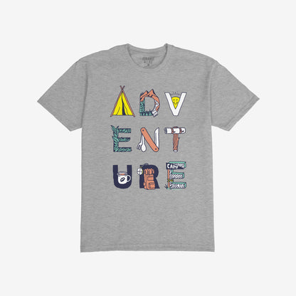 Adventure Life T-shirt featuring the word ADVENTURE creatively illustrated with camping motifs like a tent, mountain scene, and sun, perfectly capturing a love for exploration and nonconformity.