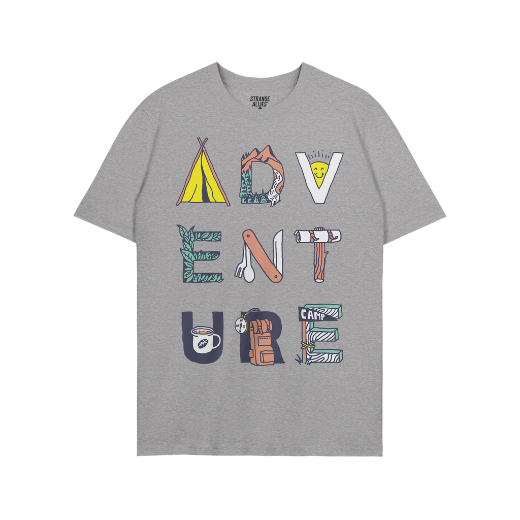 Adventure Life T-shirt featuring the word ADVENTURE creatively illustrated with camping motifs like a tent, mountain scene, a