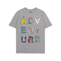 Adventure Life T-shirt featuring the word ADVENTURE creatively illustrated with camping motifs like a tent, mountain scene, a