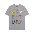 Adventure Life T-shirt featuring the word ADVENTURE creatively illustrated with camping motifs like a tent, mountain scene, a