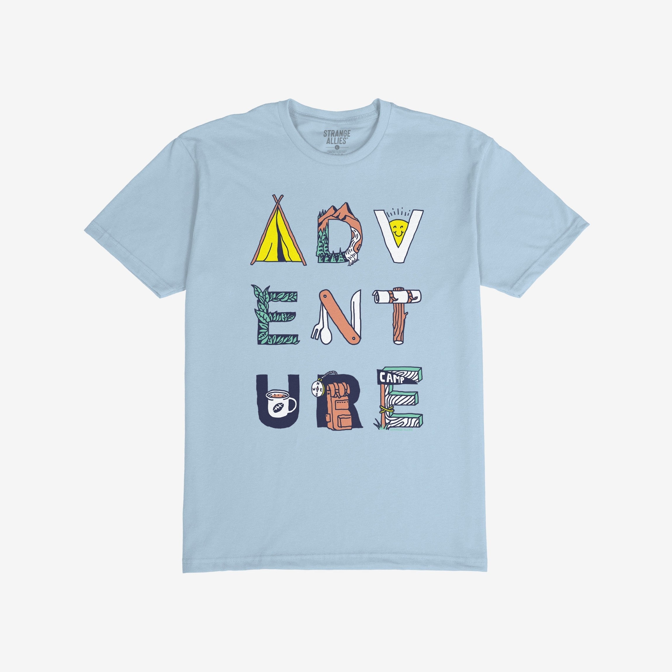 Adventure Life T-shirt features bold ADVENTURE lettering, each letter uniquely illustrated with camping motifs like tents and backpacks, reflecting a free-spirited, outdoor theme. Perfect for nature enthusiasts.