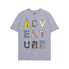 Adventure Life T-shirt features bold ADVENTURE lettering, each letter uniquely illustrated with camping motifs like tents and