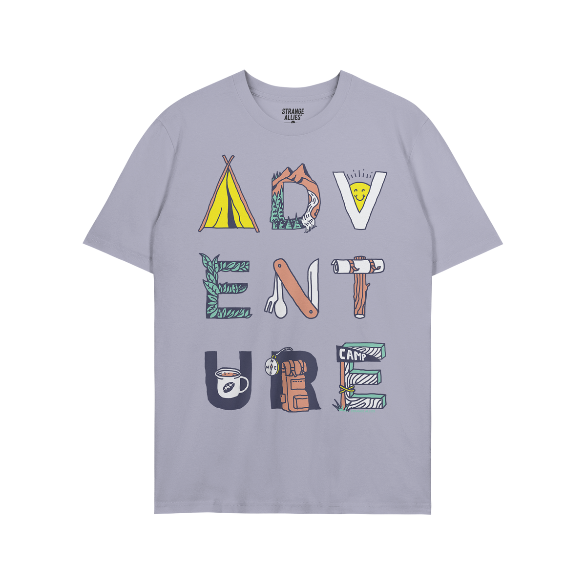 Adventure Life T-shirt features bold ADVENTURE lettering, each letter uniquely illustrated with camping motifs like tents and