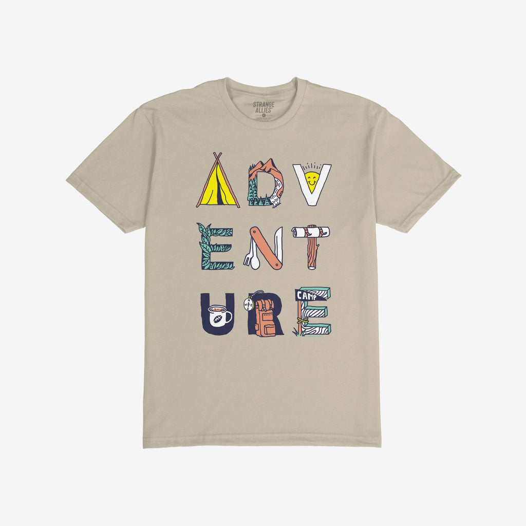 Adventure Life T-shirt featuring ADVENTURE spelled with camping-themed illustrations, like a tent and compass, reflecting surreal exploration vibes. Perfect for camping enthusiasts and fans of existential journeys.