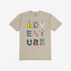 Adventure Life T-shirt featuring ADVENTURE spelled with camping-themed illustrations, like a tent and compass, reflecting surreal exploration vibes. Perfect for camping enthusiasts and fans of existential journeys.