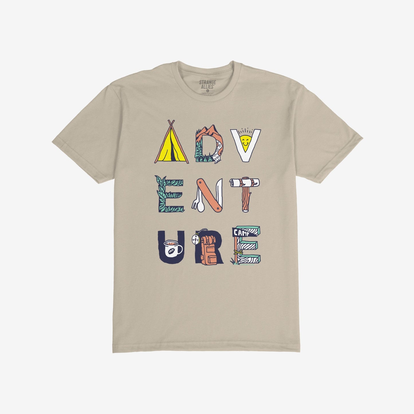 Adventure Life T-shirt featuring ADVENTURE spelled with camping-themed illustrations, like a tent and compass, reflecting surreal exploration vibes. Perfect for camping enthusiasts and fans of existential journeys.