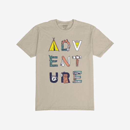 Adventure Life T-shirt featuring ADVENTURE spelled with camping-themed illustrations, like a tent and compass, reflecting surreal exploration vibes. Perfect for camping enthusiasts and fans of existential journeys.