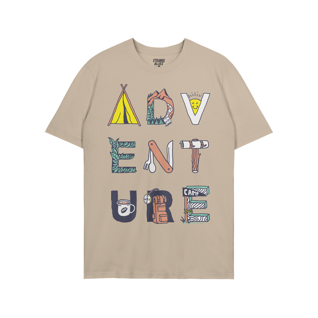 Adventure Life T-shirt featuring ADVENTURE spelled with camping-themed illustrations, like a tent and compass, reflecting sur