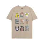 Adventure Life T-shirt featuring ADVENTURE spelled with camping-themed illustrations, like a tent and compass, reflecting sur