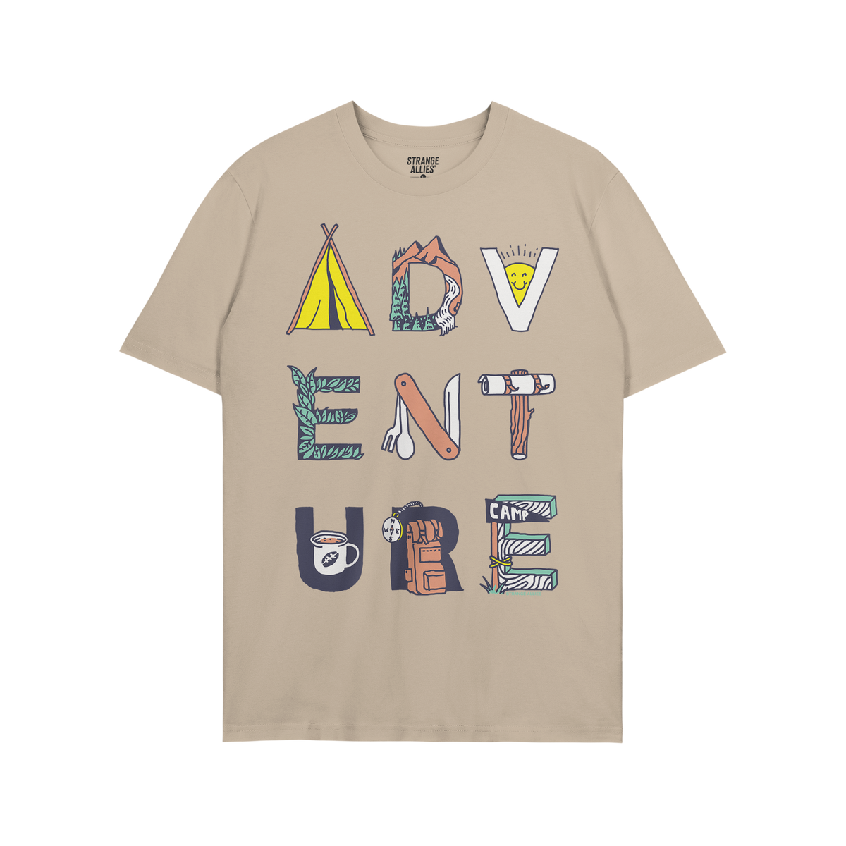 Adventure Life T-shirt featuring ADVENTURE spelled with camping-themed illustrations, like a tent and compass, reflecting sur