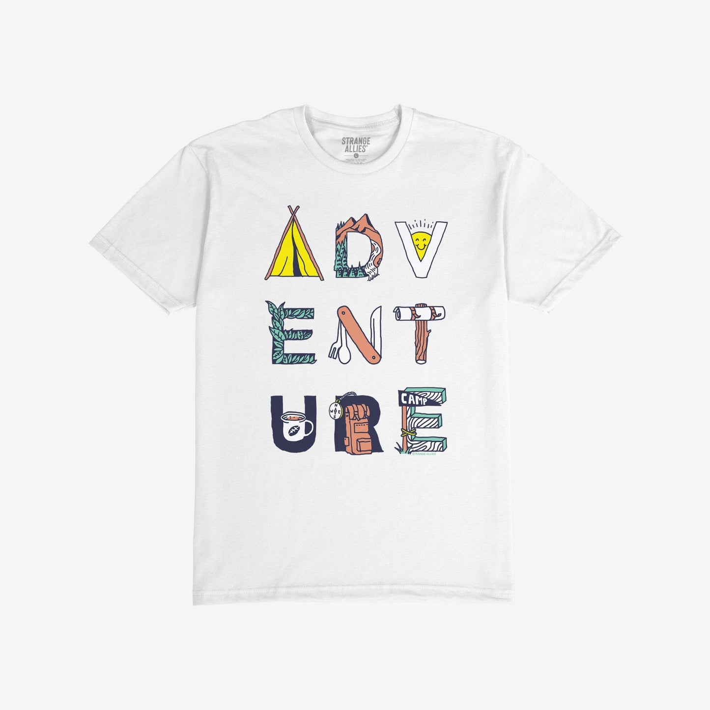 The Adventure Life T-shirt showcases ADVENTURE with each letter creatively illustrated using camping motifs, capturing a love for exploration and nonconformity. Brand STRANGE ALLIES. label visible inside the collar.