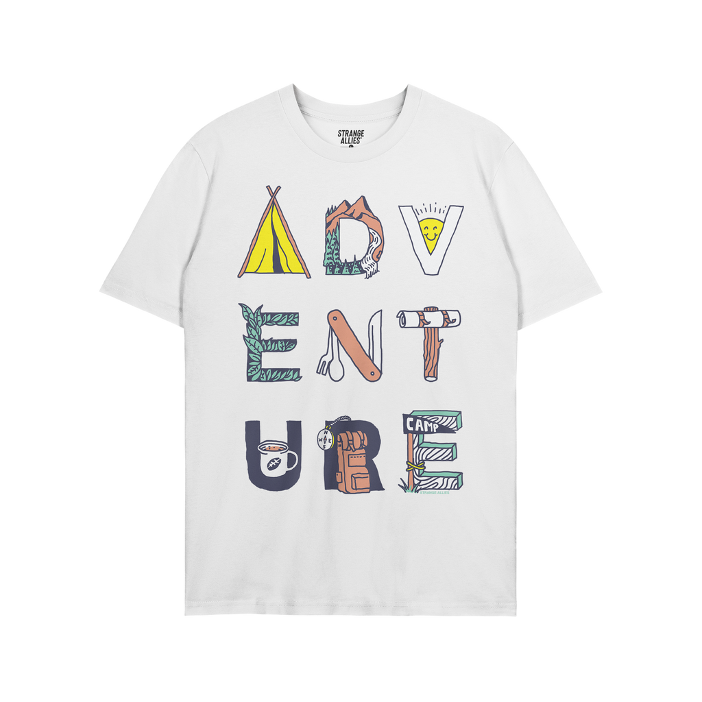 The Adventure Life T-shirt showcases ADVENTURE with each letter creatively illustrated using camping motifs, capturing a love