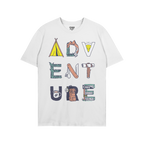 The Adventure Life T-shirt showcases ADVENTURE with each letter creatively illustrated using camping motifs, capturing a love
