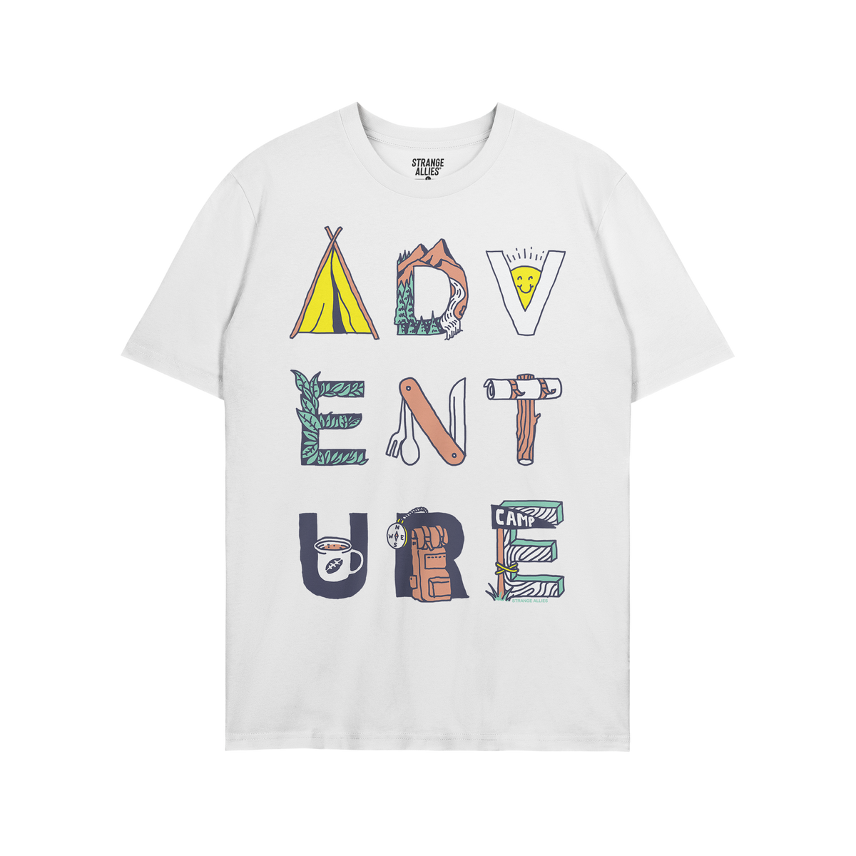 The Adventure Life T-shirt showcases ADVENTURE with each letter creatively illustrated using camping motifs, capturing a love