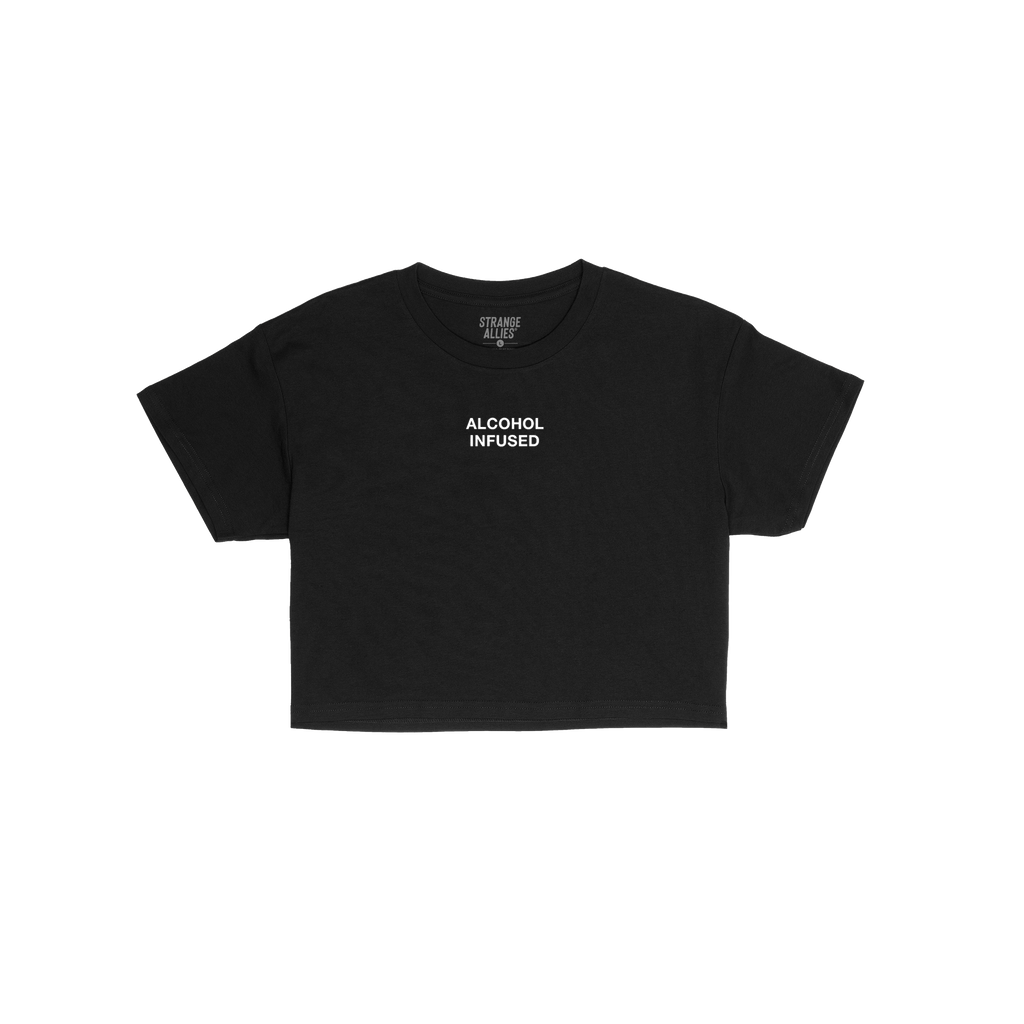 Alcohol Infused Women's Baby Tee featuring “ALCOHOL INFUSED” in white block letters on a black, short-sleeve crew-neck. P