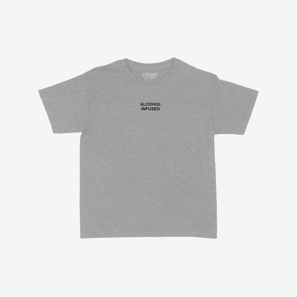 Alcohol Infused Women's Baby Tee featuring “ALCOHOL INFUSED” in black letters on a heather-gray fabric, highlighting a minimalist yet bold style, perfect for expressing individuality and a carefree attitude.