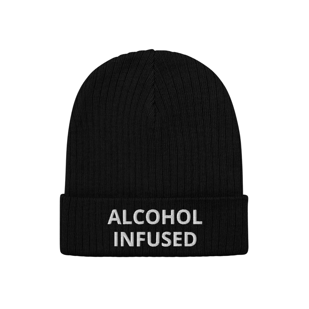 Black rib-knit beanie with ALCOHOL INFUSED embroidered in bold white letters, embodying irreverent humor and edgy style, perf
