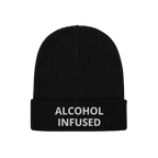 Black rib-knit beanie with ALCOHOL INFUSED embroidered in bold white letters, embodying irreverent humor and edgy style, perf