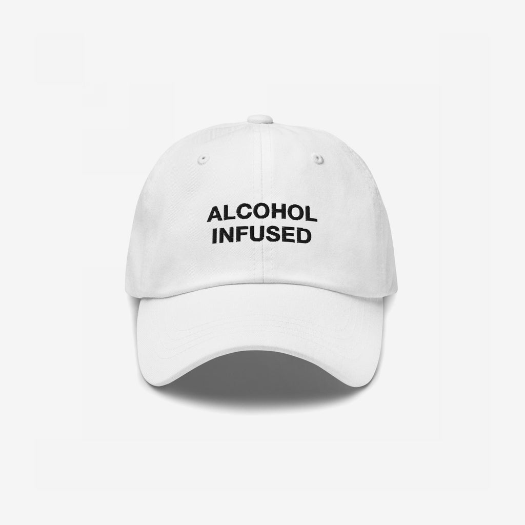 Alcohol Infused Hat features bold black embroidery on a white baseball cap, perfect for making a statement at social gatherings. Available in various styles including snapbacks and beanies.