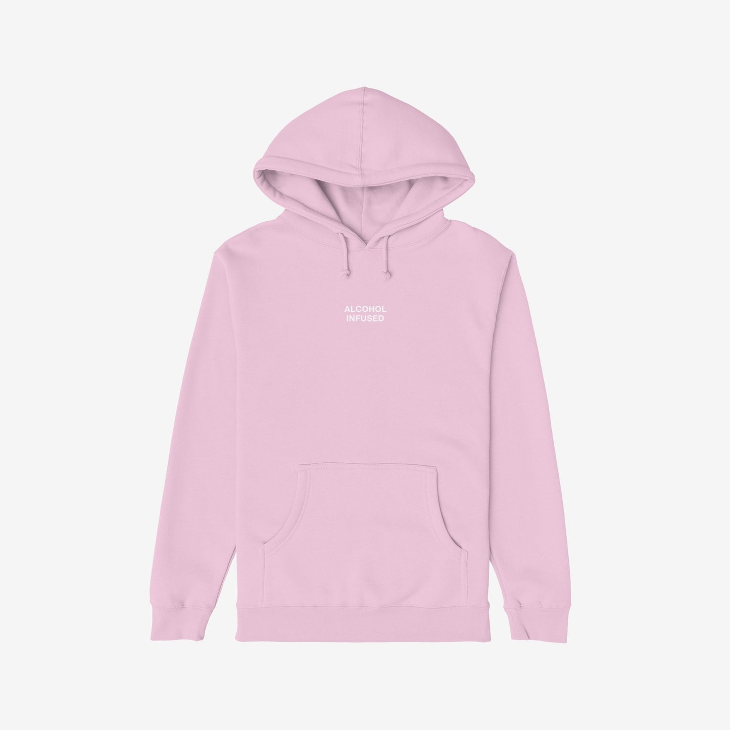 Light pink Alcohol Infused Hoodie with drawstring hood, ribbed cuffs, and kangaroo pocket, featuring ALCOHOL INFUSED. text on chest, embodying bold, unapologetic style for confident, expressive individuals.