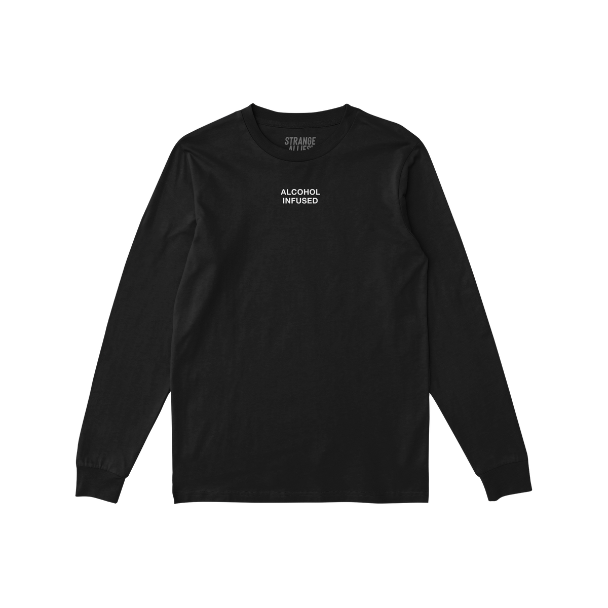 Black long-sleeve crewneck T-shirt with Alcohol Infused text by Strange Allies, embodying a carefree lifestyle.