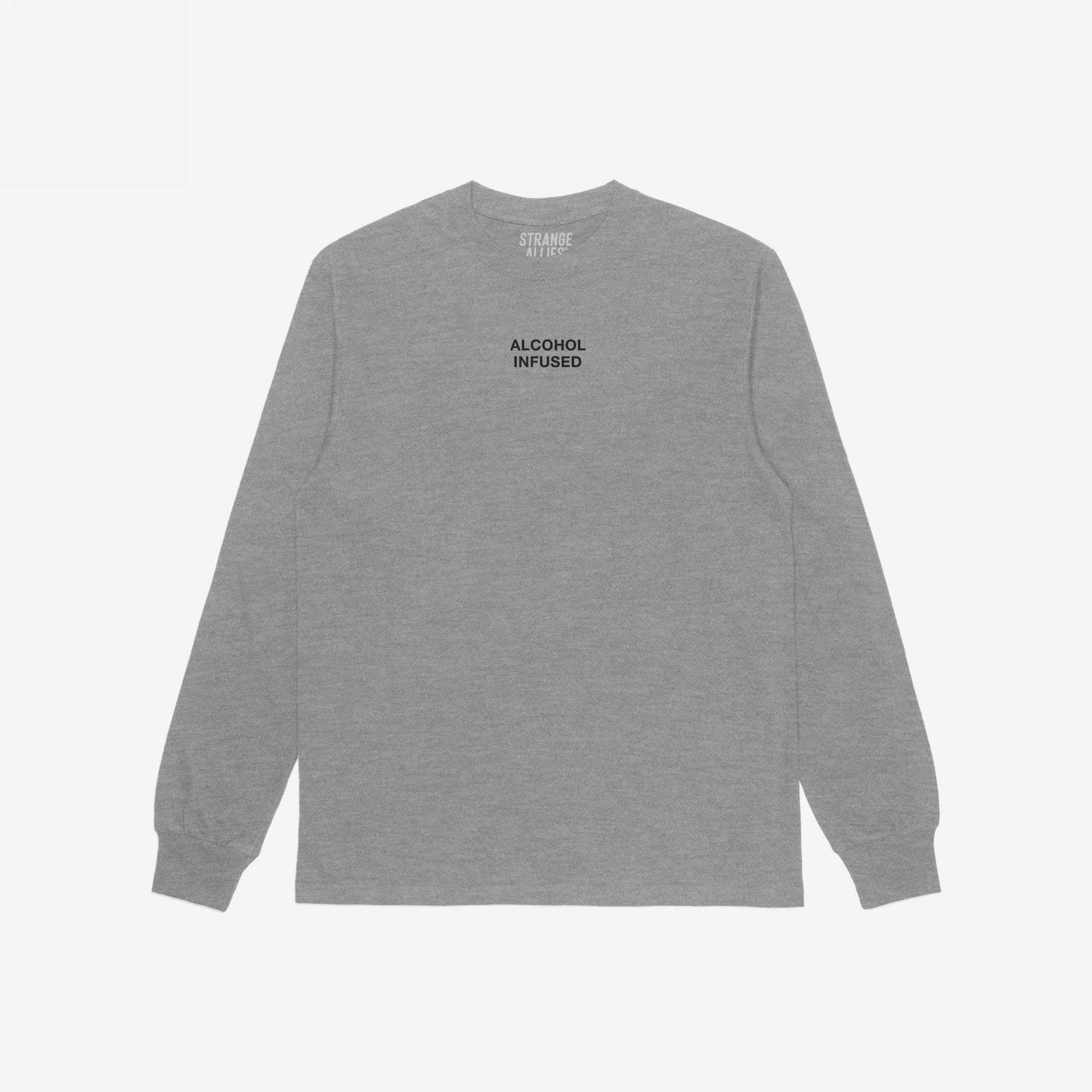 Heather-gray Alcohol Infused T-shirt with long sleeves, featuring bold “ALCOHOL INFUSED” text on the chest. Reflects a carefree, unapologetic lifestyle, aligning with bold, inclusive messages.
