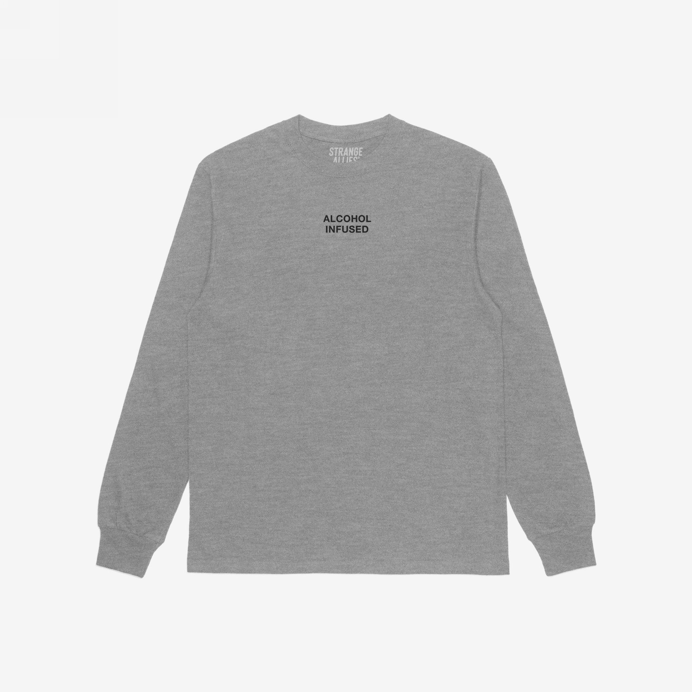 Heather-gray Alcohol Infused T-shirt with long sleeves, featuring bold “ALCOHOL INFUSED” text on the chest. Reflects a carefree, unapologetic lifestyle, aligning with bold, inclusive messages.