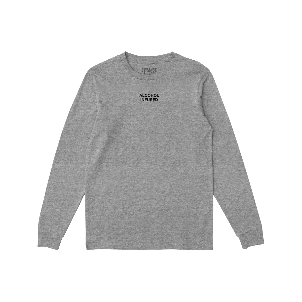 Heather-gray Alcohol Infused T-shirt with long sleeves, featuring bold “ALCOHOL INFUSED” text on the chest. Reflects a ca