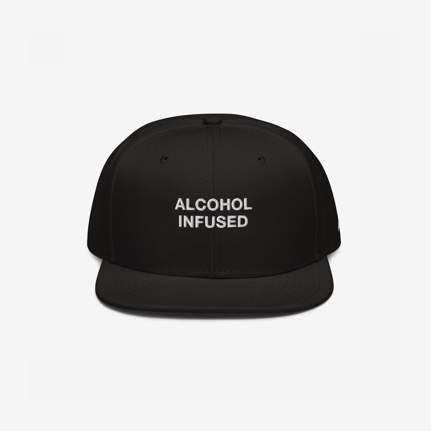 The Alcohol Infused Hat is a black snapback with bold white embroidery, combining humor and edge, perfectly reflecting a fearless, statement-making style.