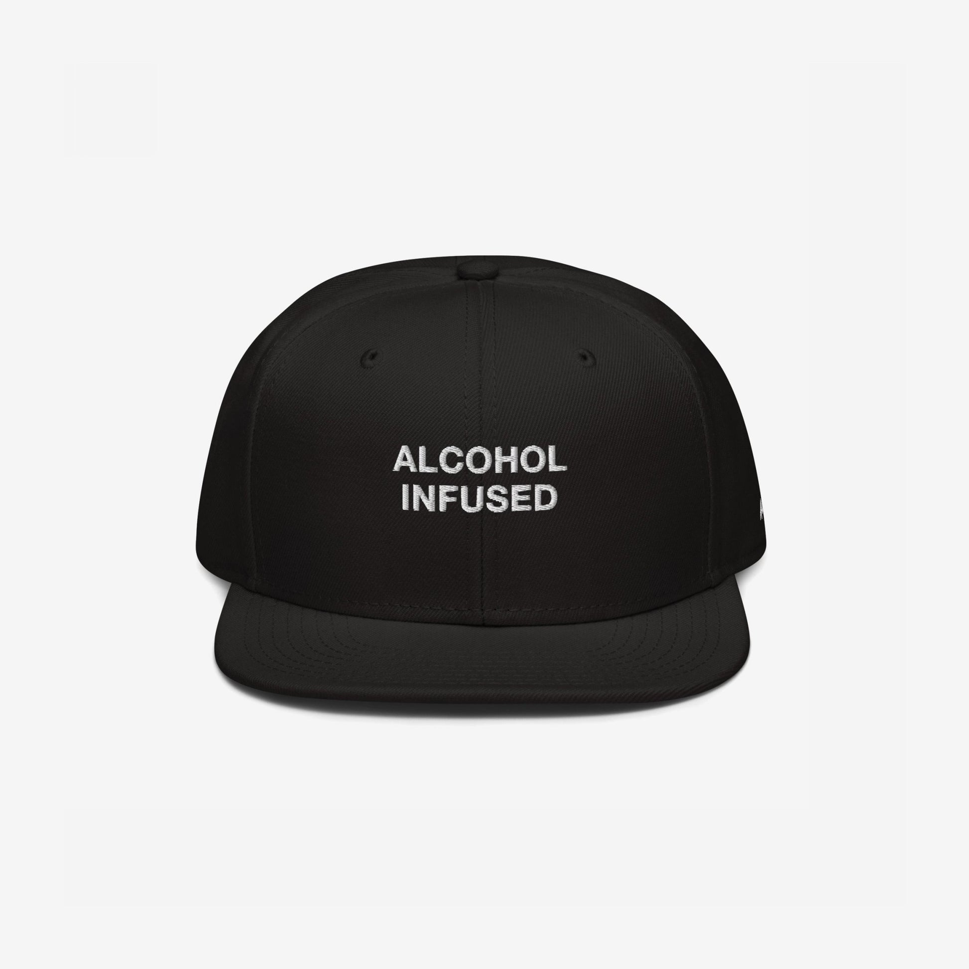 The Alcohol Infused Hat is a black snapback with bold white embroidery, combining humor and edge, perfectly reflecting a fearless, statement-making style.