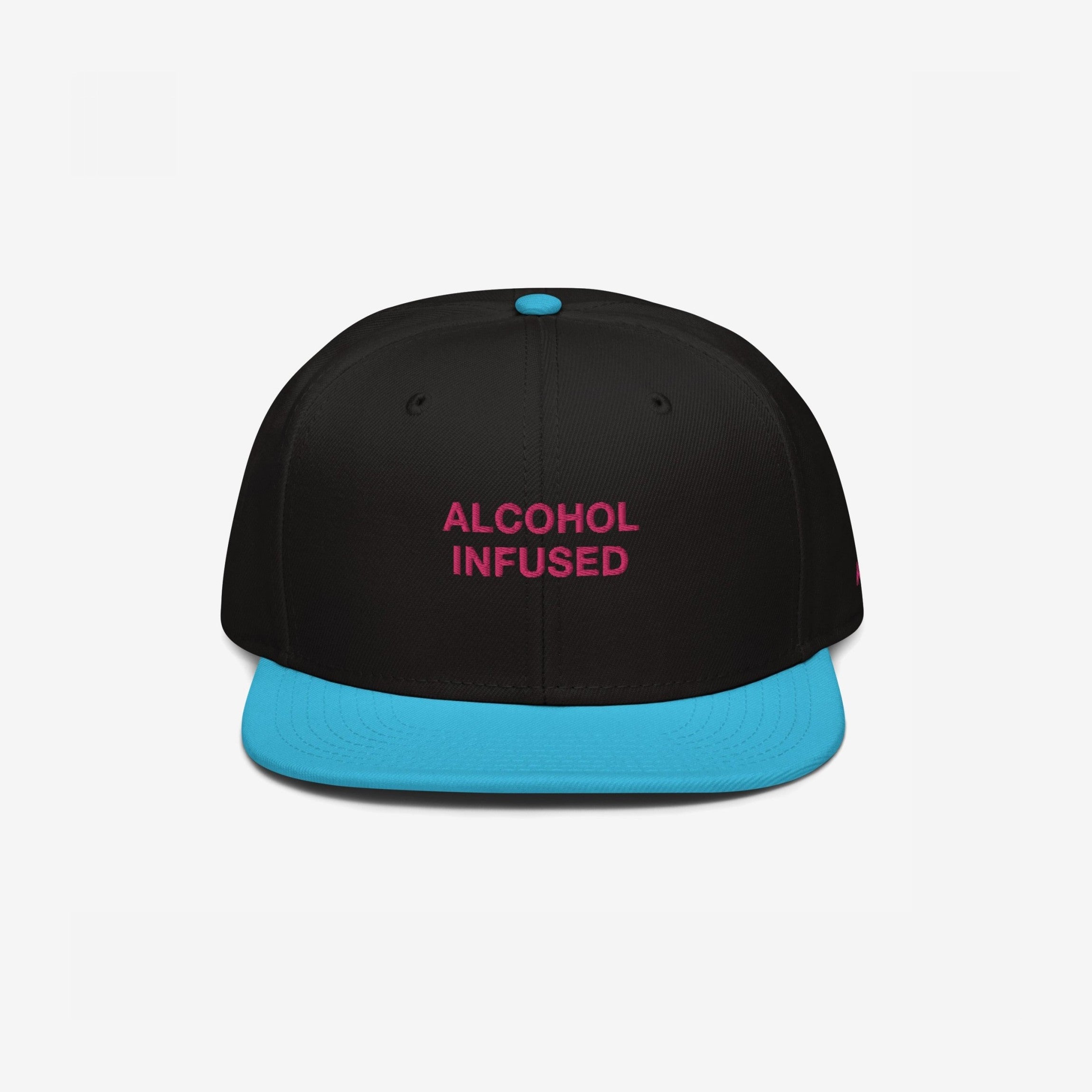 Alcohol Infused Hat: A bold snapback with 'ALCOHOL INFUSED' in magenta on a black crown, featuring a turquoise flat brim, reflecting a playful, rebellious spirit.