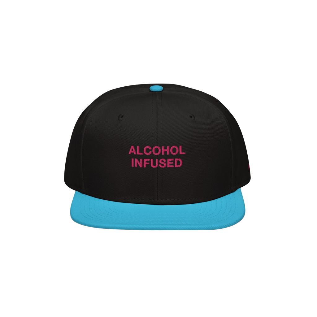 Alcohol Infused Hat: A bold snapback with 'ALCOHOL INFUSED' in magenta on a black crown, featuring a turquoise flat brim, ref