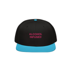 Alcohol Infused Hat: A bold snapback with 'ALCOHOL INFUSED' in magenta on a black crown, featuring a turquoise flat brim, ref