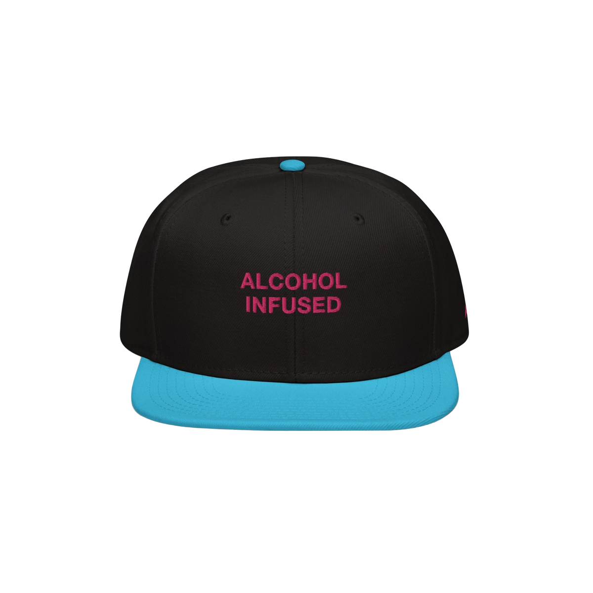 Alcohol Infused Hat: A bold snapback with 'ALCOHOL INFUSED' in magenta on a black crown, featuring a turquoise flat brim, ref