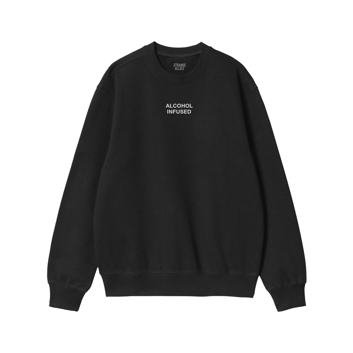 Black crew-neck sweatshirt featuring Alcohol Infused in white text on chest, ALLIES label inside collar; embodies bold, expre
