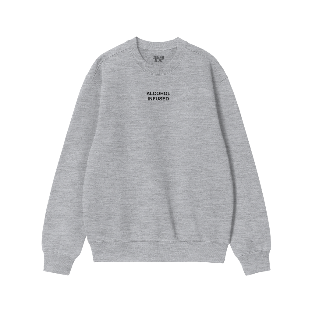 Light lavender-pink crewneck sweatshirt labeled ALLIES inside, featuring ALCOHOL INFUSED on the chest, capturing bold, expres
