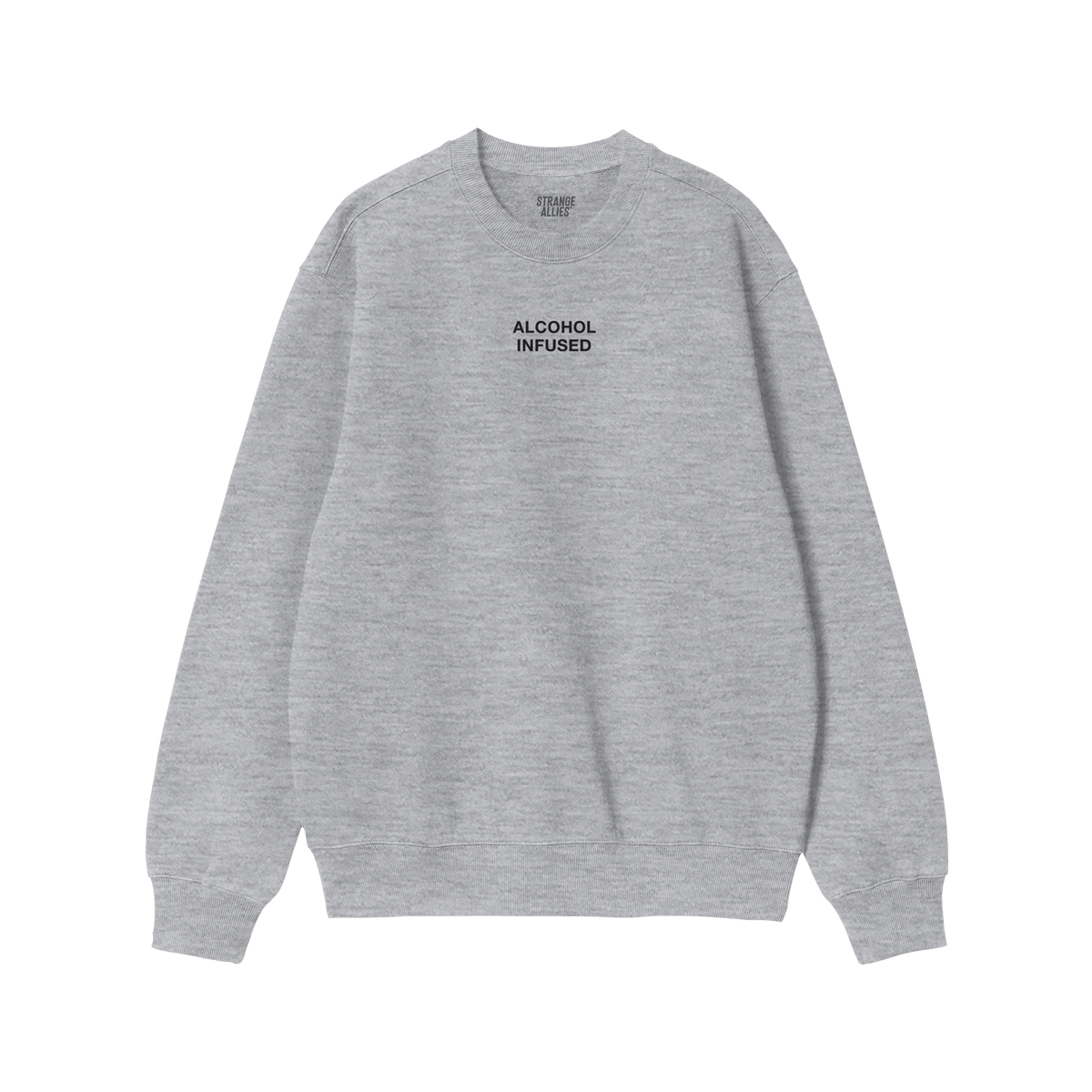 Light lavender-pink crewneck sweatshirt labeled ALLIES inside, featuring ALCOHOL INFUSED on the chest, capturing bold, expres