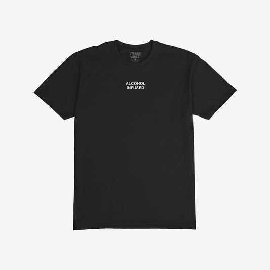 Alcohol Infused T-shirt featuring bold ALCOHOL INFUSED text on the chest, embodying a carefree attitude. Ideal for those embracing a chaotic lifestyle. Brand name visible inside the collar.